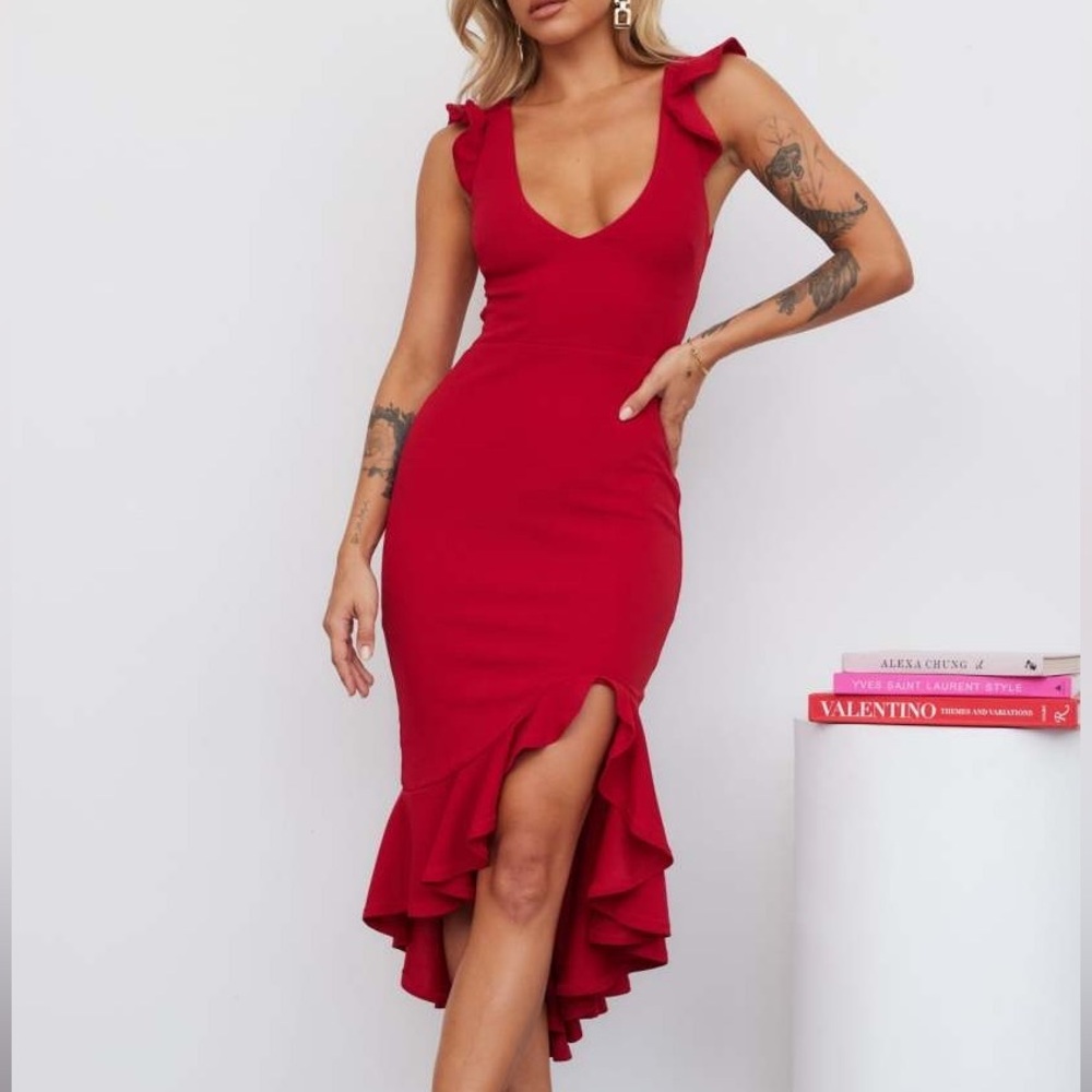 Hello Molly Red Ruffle Hem V-Neck Midi Dress